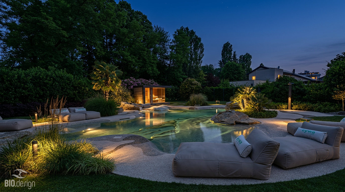 Biodesign-Pool in der Abenddämmerung